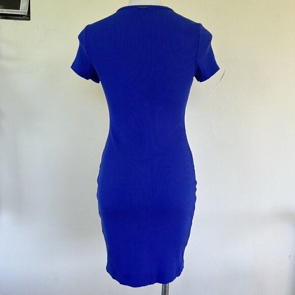Guess Lana Ribbed-Knit Bodycon Dress MEDIUM BLUE Tanzanite Short Sleeve - Picture 11 of 15